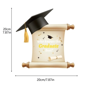 Detail showing a 20x20cm graduation party scroll card with black cap and golden tassel