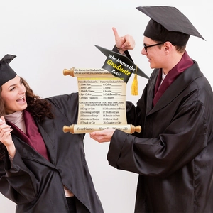 College graduation scroll game card with black mortarboard cap and golden tassel