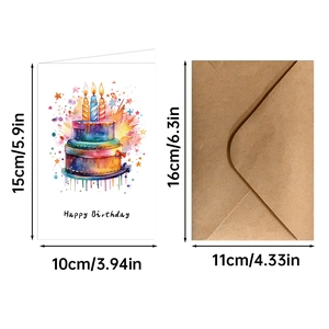 Happy Birthday card set with watercolor cake design and brown kraft envelope, 10x15cm