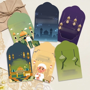 Set of six colorful Eid al-Fitr money envelopes with mosque and traditional motifs