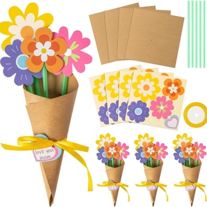Detail of DIY paper bouquet kit with colorful flowers and Love You Mum heart tags