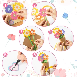 Detail showing 6-step DIY process of paper flower greeting cards with envelopes