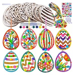 Easter DIY Craft Kit Wooden Egg Ornaments With Paints Brushes Ribbons Pom Poms Rhinestones Creative Holiday Activity Kids