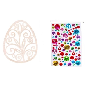 DIY Easter wood egg cutout with colorful rhinestone stickers for kids craft activities