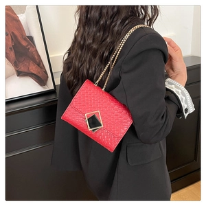 Detail of red woven texture crossbody bag with gold chain and black geometric buckle