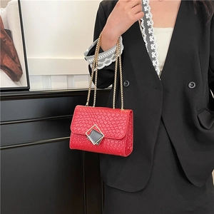 Chic red woven crossbody bag with gold chain strap shown on a model in minimalist style