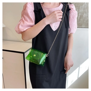 Detailweergave van groene transparante jelly crossbody tas met gouden ketting op model