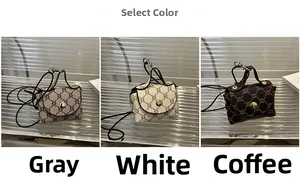 Detailed comparison of vintage printed mini tote bags in grey, white, and coffee colors