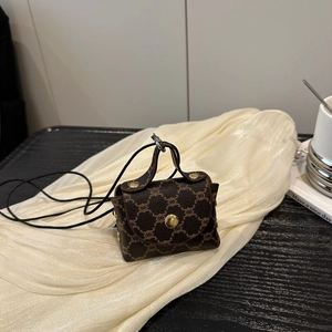 Mini Micro Crossbody Bag PU Leather Retro Monogram Print Headphone Case Neck Hanging Handbag For Women Fashion Accessory