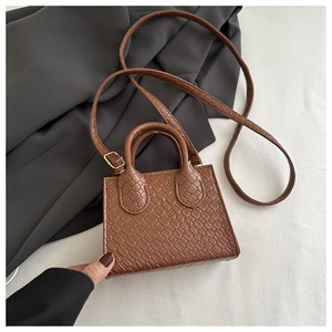 Detailed close-up of brown woven texture and golden hardware on the mini crossbody bag