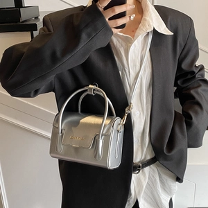 Silver metallic leather square crossbody bag with handle and top flap for stylish women