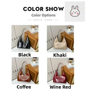 Glossy patent leather hobo bags displayed in black, khaki, coffee, and wine red colors