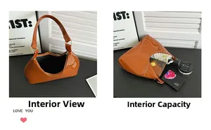 Detail of caramel hobo bag showing glossy patent leather texture and interior capacity