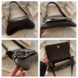 Détails d'un sac baguette rétro marron foncé montrant les anneaux et les rivets en métal
