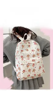 Detail of white backpack with cute cartoon bear pattern and large capacity main compartment