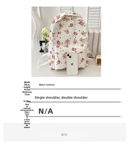 Detail of white nylon backpack with cute bear print showing dimensions 29x41x12cm