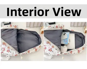 Detailed interior view of a cute cartoon backpack showing large capacity for books and phone