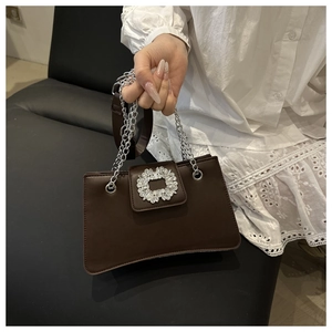 Close-up of dark brown handbag with ornate round crystal buckle and silver chain strap