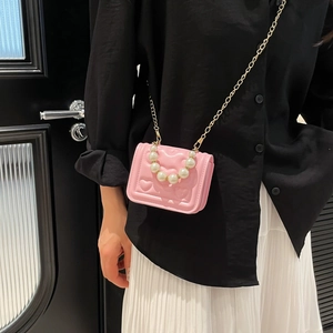 Pink heart quilted mini crossbody bag with pearl handle and gold chain strap for women