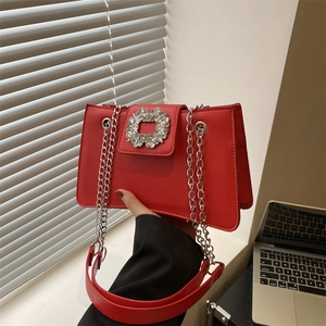 Women Baguette Shoulder Bag PU Leather Underarm Crossbody With Rhinestone Buckle Silver Chain Fashion Commute