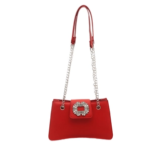 Chic red square shoulder bag with sparkling rhinestone buckle and curved base design