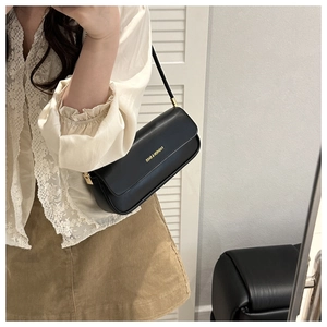 Close-up of black baguette bag with gold lettering and metallic hardware details