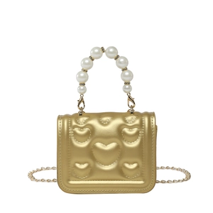 Golden mini square bag with embossed heart pattern, pearl handle and metal chain strap