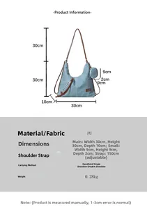 Detailed size chart showing blue PU tote bag dimensions and versatile carrying options