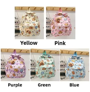 Detailed grid showing five colorful cartoon canvas backpacks for school kids
