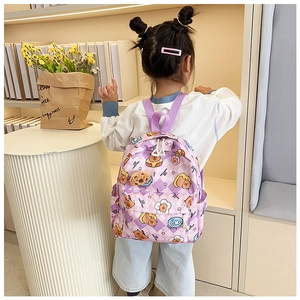 Detailed back view of a purple checkerboard child backpack with cute bear prints