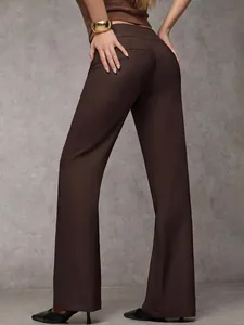 Pantaloni da donna a gamba larga marrone scuro a vita alta con vestibilità elegante