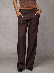 Pantaloni eleganti marroni a vita alta gamba larga con doppio bottone e drappeggio