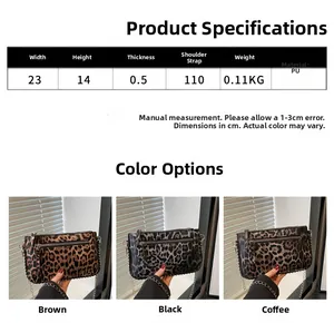 Detailed size chart and multi-color comparison for leopard print PU leather crossbody bag