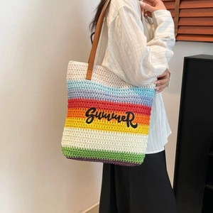 Farbenfrohe Regenbogen Gestreifte Gewebte Tragetasche Mit PU Ledergriff Sommer Stickerei Große Kapazität Strand Schultertasche