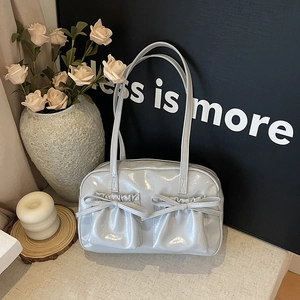 Shiny PU Leather Tote Bag Women Bow Pleated Shoulder Handbag Large Capacity Commuter Daily Trendy Sweet Retro Underarm