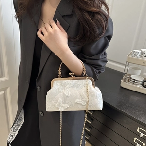 Elegant white lace crossbody bag with 3D butterflies and vintage gold hardware handles