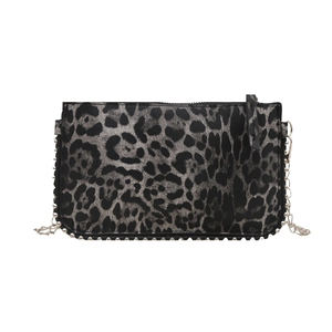 French chic leopard print shoulder bag with silver rivet studs and chain strap