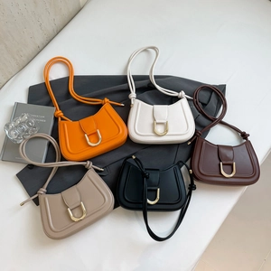 Women Underarm Shoulder Bag Crescent Moon Shape PU Leather Gold Metal Buckle French Style Knotted Strap Handbag