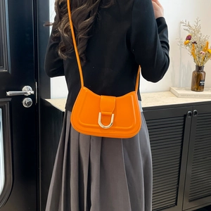 French style vibrant orange crescent shoulder bag with a gold U-shaped buckle decoration