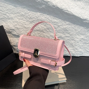 Women Rhinestone Glitter Small Square Shoulder Bag PU Leather Crossbody Bag With Metal Lock Elegant Party Daily Handbag