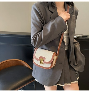 Detail of canvas saddle bag with brown leather trim and gold metal buckle closure