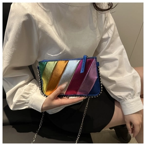 Detail of the rainbow striped metallic crossbody bag with silver chain and bead trim