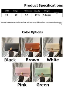 Size chart showing 28x17cm envelope clutch dimensions and material specs for PU leather bags
