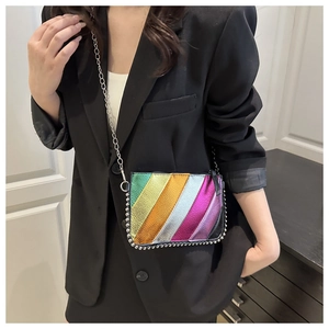 Detail of a metallic rainbow patchwork crossbody bag with silver bead trim and chain strap