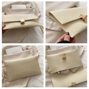 Detailed four-angle view of a cream envelope clutch bag with gold clasp and textured finish