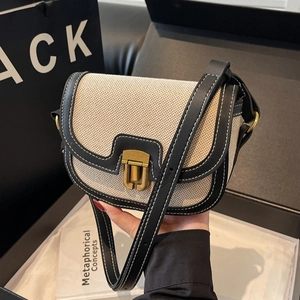 Vintage Contrast Canvas PU Leather Saddle Bag For Women Fashion Small Shoulder Crossbody Bag With Metal Lock Underarm Bag
