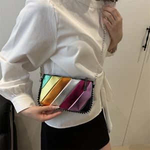 Rainbow striped metallic crossbody bag with silver bead trim and chain strap details