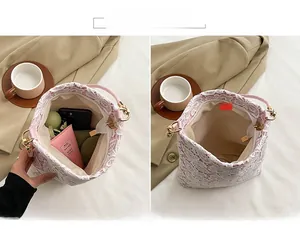Pink floral lace bucket bag showing spacious interior for phone and daily items