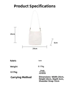Detailed size specifications and lace fabric parameters for this white shoulder bag