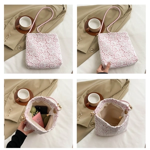 Detailed views of lace tote bag showing floral patterns and interior zipper compartment